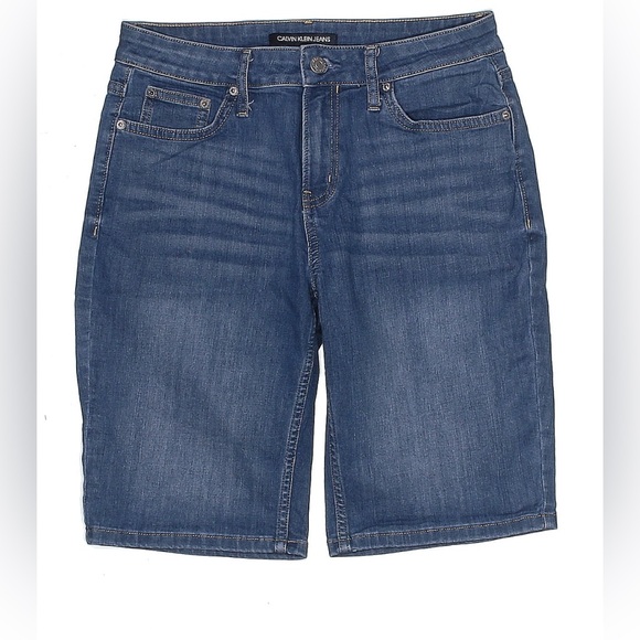 Calvin Klein Jean Shorts High-Rise Dark Whiskered Wash Blue Denim 5-Pocket Sz 8 - Picture 1 of 13